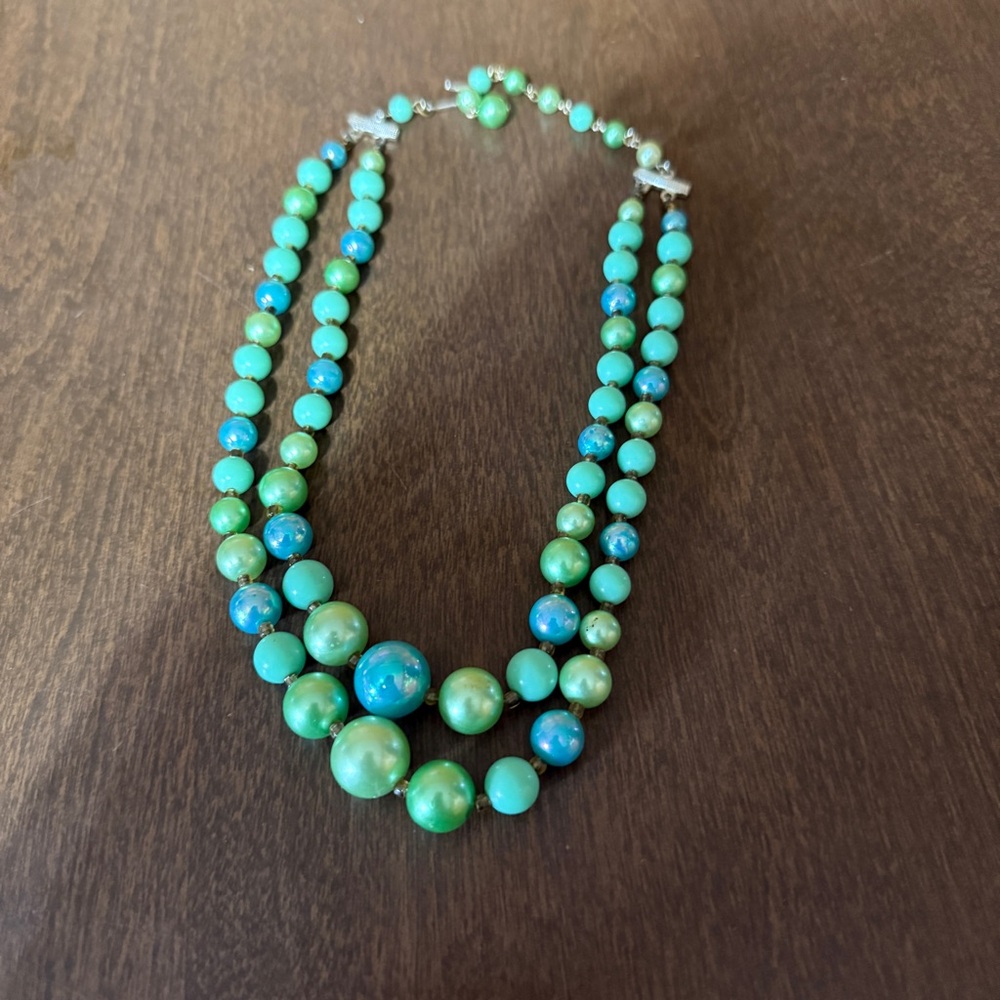 Vintage Blue & Green Beaded Double Strand Necklace Hook Closure